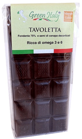 Tavoletta di cioccolato fondente 75% con 20% di semi decorticati canapa